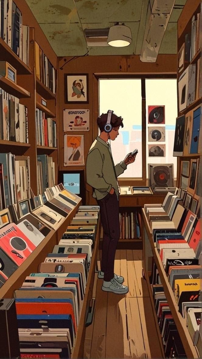 Illustration of a person browsing vinyl records in a cozy record store, wearing headphones and looking at their phone.